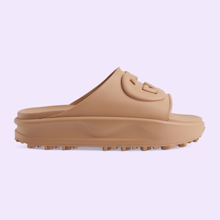 Women's Interlocking G slide sandal in brown rubber GUCCI® UK