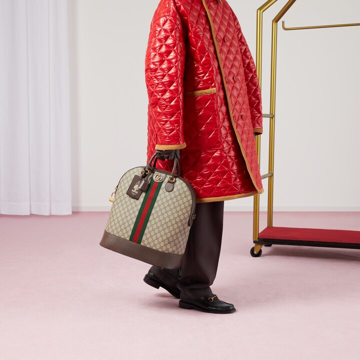 Gucci Savoy small bowling tote in beige and ebony Supreme GUCCI® NL