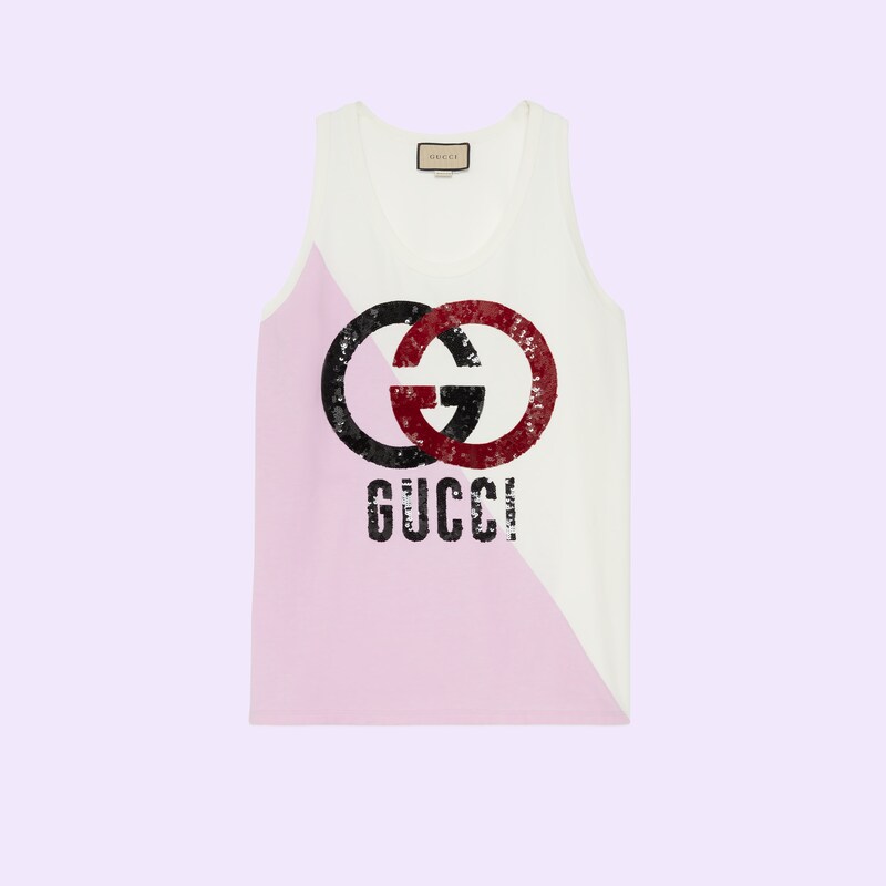 Cotton jersey tank top with intarsia in lilac and white | GUCCI® HU Gucci Cotton jersey tank top with intarsia