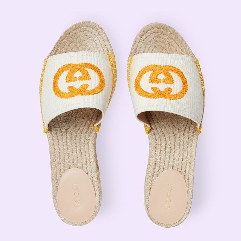 Women's espadrille slide with Interlocking G in white and yellow canvas