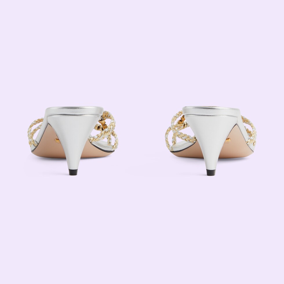 Women's Gucci Nojum slide sandal in metallic platinum leather GUCCI® UK