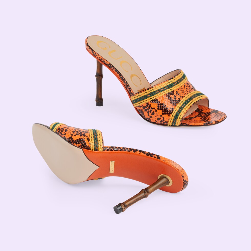 Women's python print sandal in orange leather | GUCCI® AE