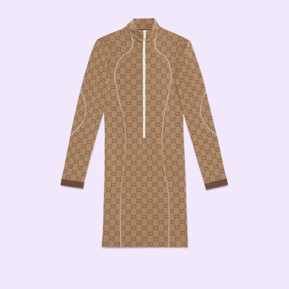 GG jersey jacquard dress in beige and ebony | GUCCI® US
