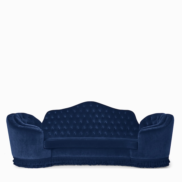 Capitonné camelback velvet sofa