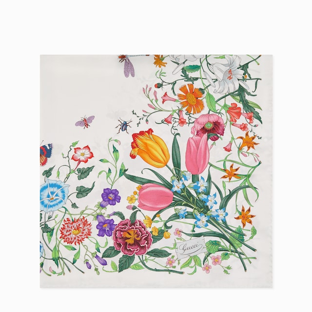 Carré in twill di seta con stampa Flora