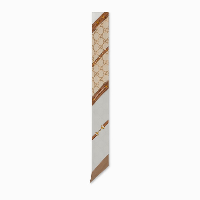スカーフ Gucci Fiocco In Seta Stampa Morsetto Incrocio Gg E Web Nastro in seta stampata in blu navy e rosso | GUCCI® IT