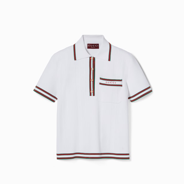 美品✨ GUCCI グッチ LOVELIGHT COTTON POLO TOP Cashmere and silk polo top with Web in white | GUCCI® US