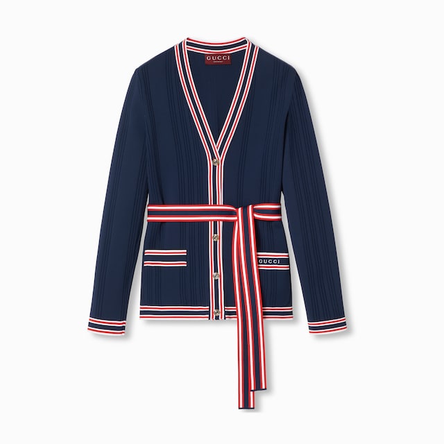 Self-tie cardigan with striped trim