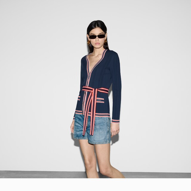 Self-tie cardigan with striped trim - image 4