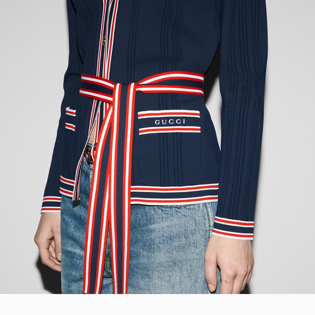 Self-tie cardigan with striped trim - image 3