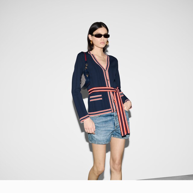 Self-tie cardigan with striped trim - image 2