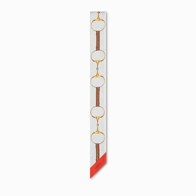スカーフ Gucci Fiocco In Seta Stampa Morsetto Incrocio Gg E Web GUCCI - FIOCCO IN SETA CON STAMPA MORSETTO CON INCROCIO GG E