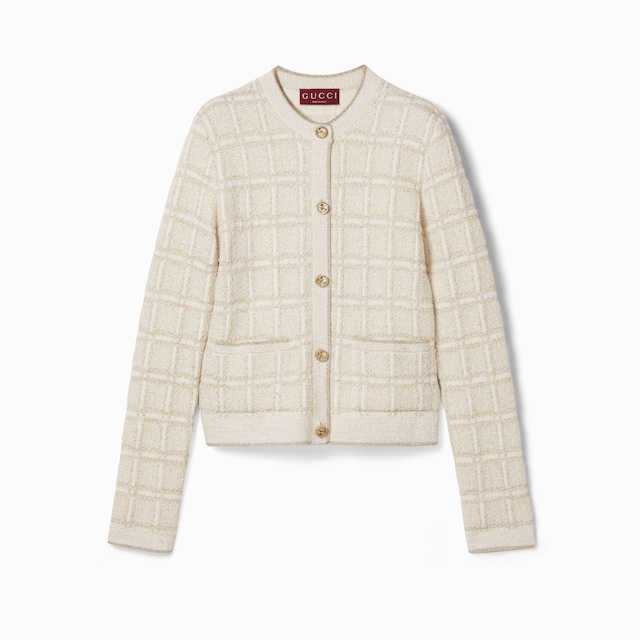 Wool and lamé check jacquard cardigan