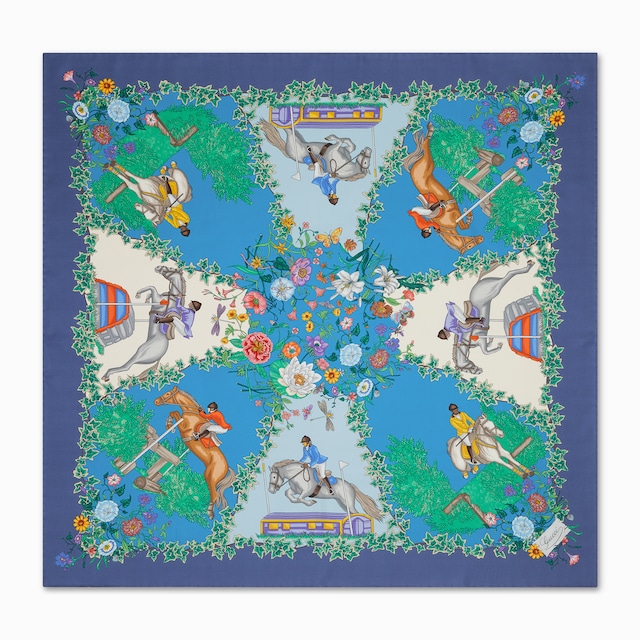 プリント シルクツイル スカーフ ・アクアマリン＆ピンク