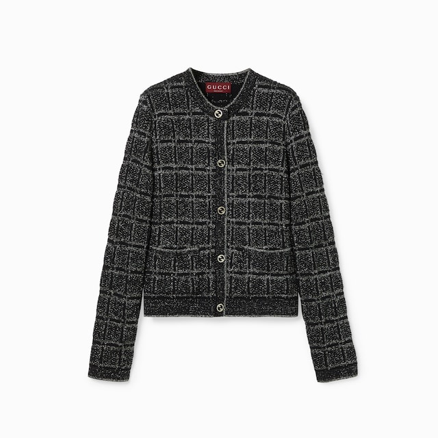 Wool and lamé check jacquard cardigan