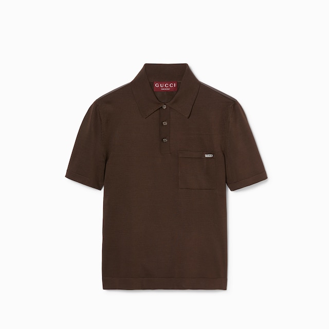 Fine silk knit polo top with intarsia