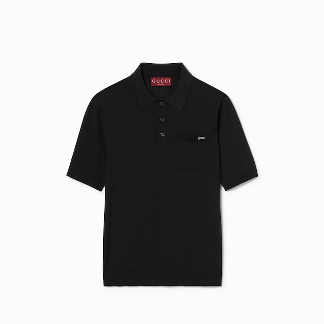 Fine wool knit polo top with intarsia