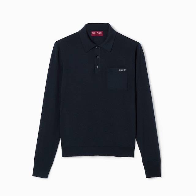 Fine wool knit polo top with intarsia