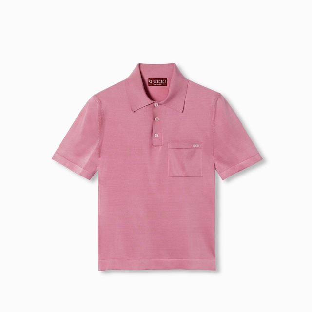 Fine silk knit polo shirt with intarsia