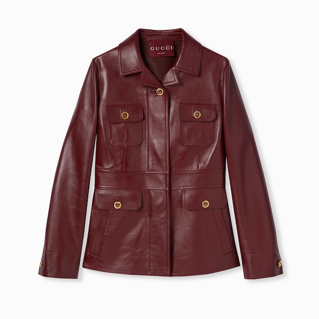 Leather jacket with embossed logo