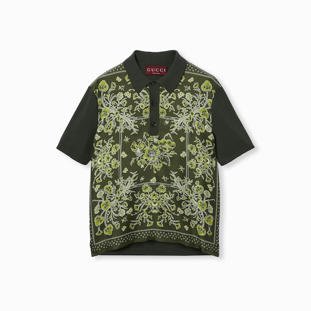 Printed silk cotton knit polo shirt