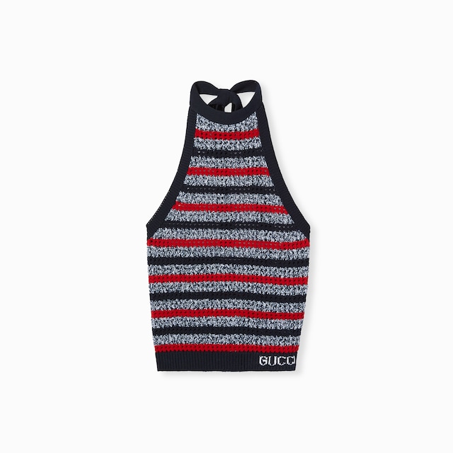 Striped fine cotton knit halterneck top