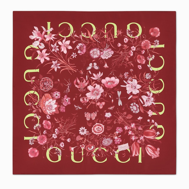Printed Flora silk twill carré in black and multicolor