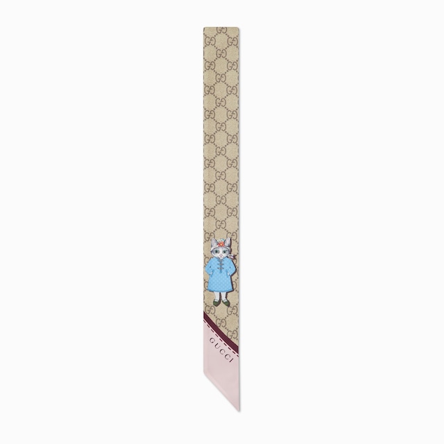 GUCCI ホースビット プリントシルク ネックボウ スカーフ GG チェーン ホースビット プリント シルク ネックボウレッド