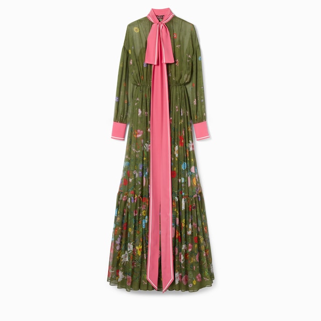 Printed long silk pleated dress