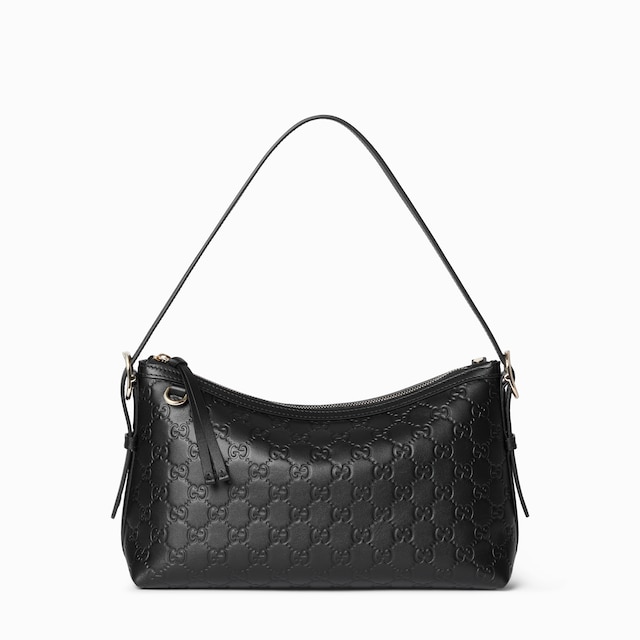 GG Emblem medium shoulder bag in black GG leather | GUCCI
