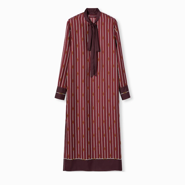 Printed silk twill dress with bow
