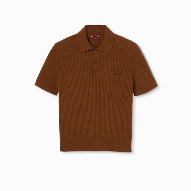 Wool cashmere rib knit polo shirt
