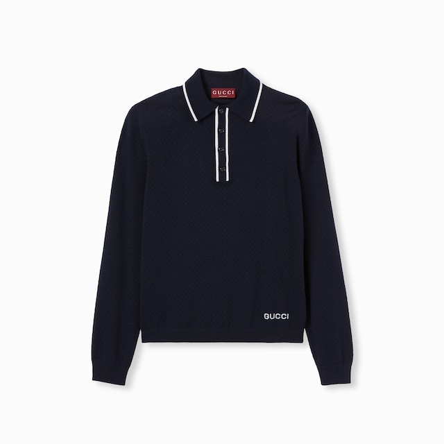 Fine wool knit polo shirt with intarsia