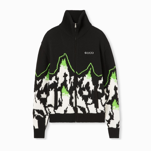 Wool jacquard zip jacket with intarsia