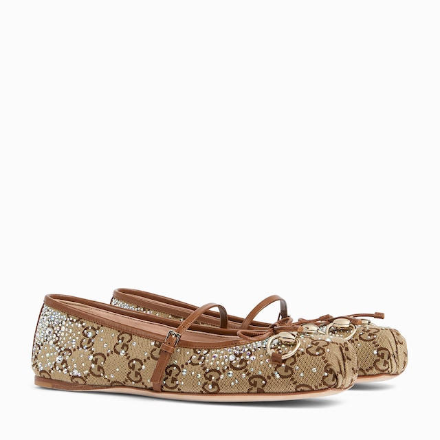 Gucci Horsebit Damenballerina mit GG Kristallen 