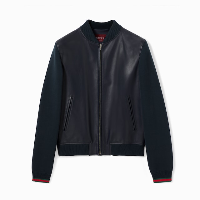 Nappa leather and knit bomber jacket