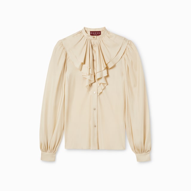 饰褶裥滚边斜纹桑蚕丝衬衫