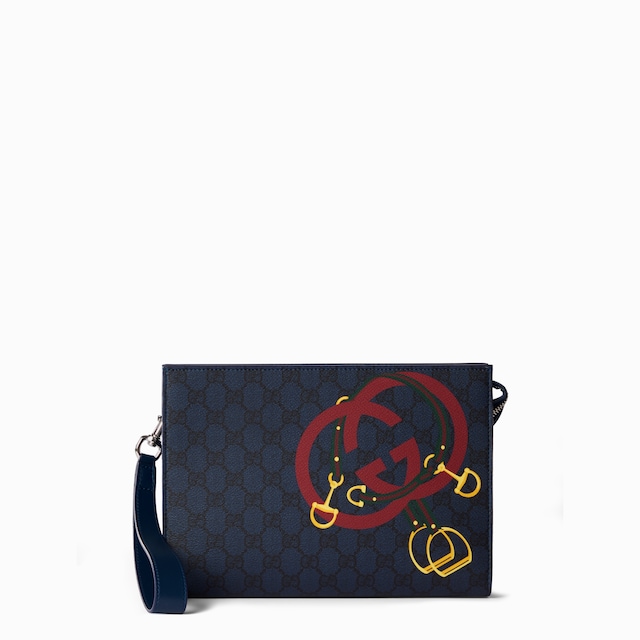 Pouch in tessuto GG con stampa misura media