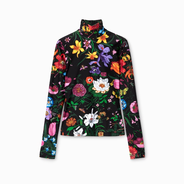 Top de cuello vuelto brillante estampado