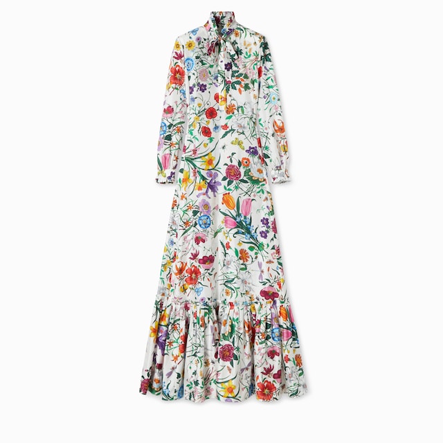 Printed silk twill long dress