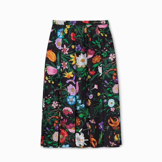 프린트 실크 트윌 플리츠 미디 스커트