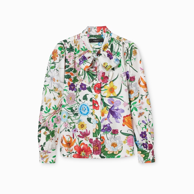 넥 보우 디테일의 프린트 실크 트윌 셔츠