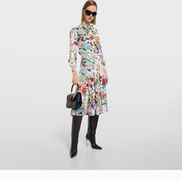 Printed silk twill shirt with bow - image 2