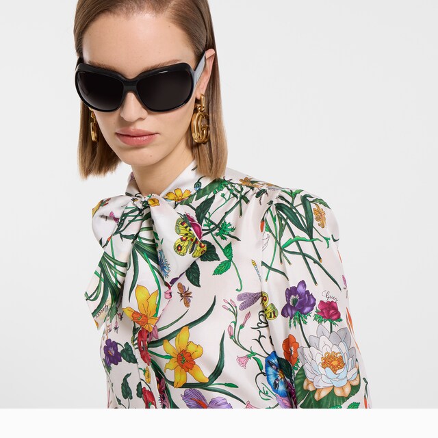 Printed silk twill shirt with bow