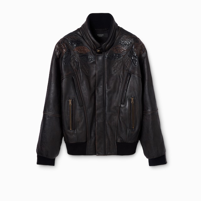 Leather with aged effect bomber jacket