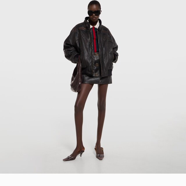 Leather with aged effect bomber jacket - image 4
