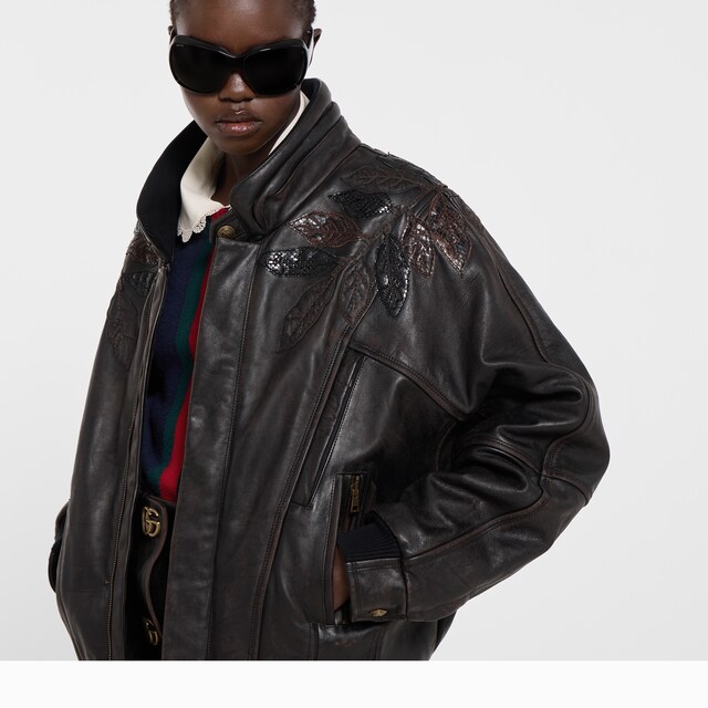 Leather with aged effect bomber jacket - image 3