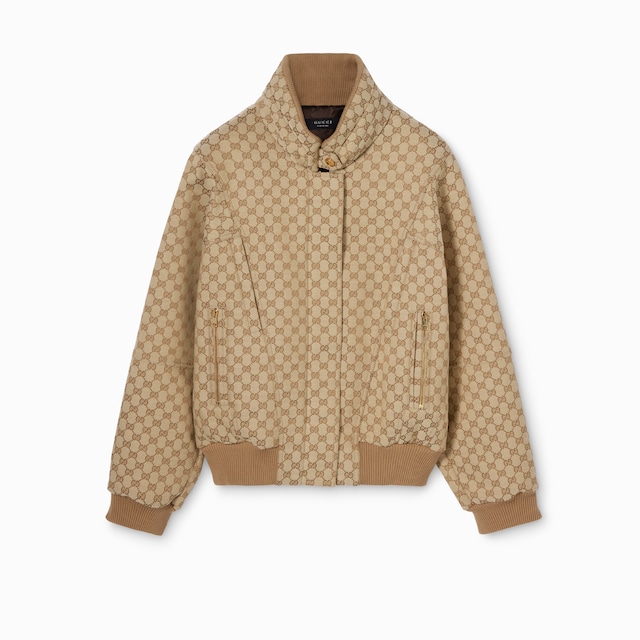 جاكيت مزوّد بسحّاب من قماش كانفاس القطن بنقش GG
