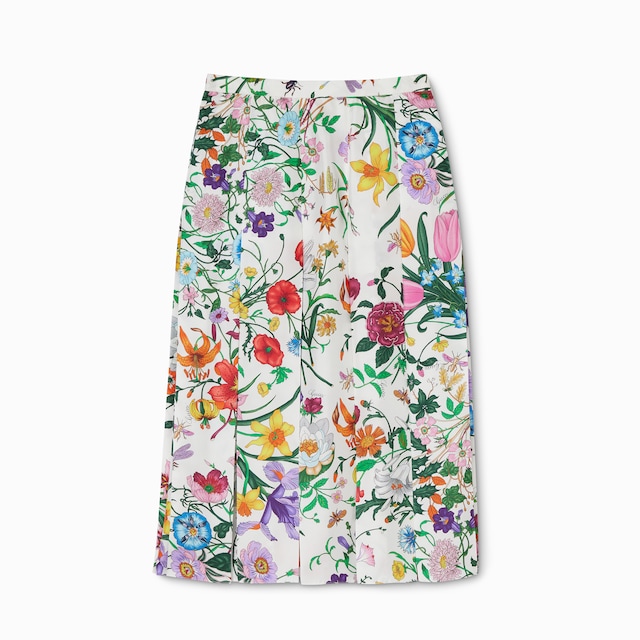 프린트 실크 트윌 플리츠 스커트