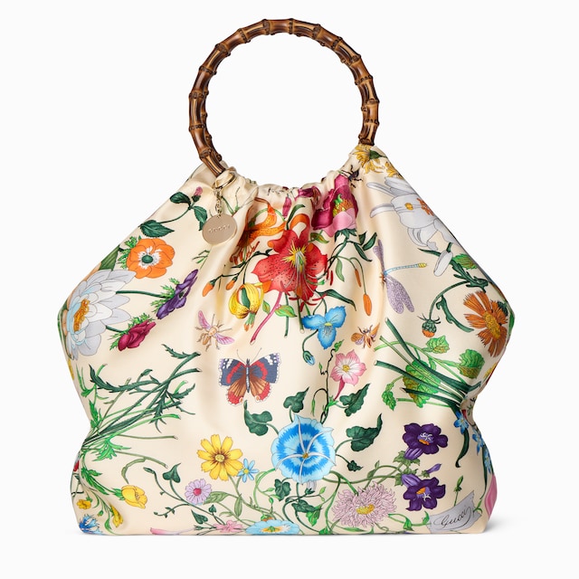 Silk maxi tote bag with bamboo handle